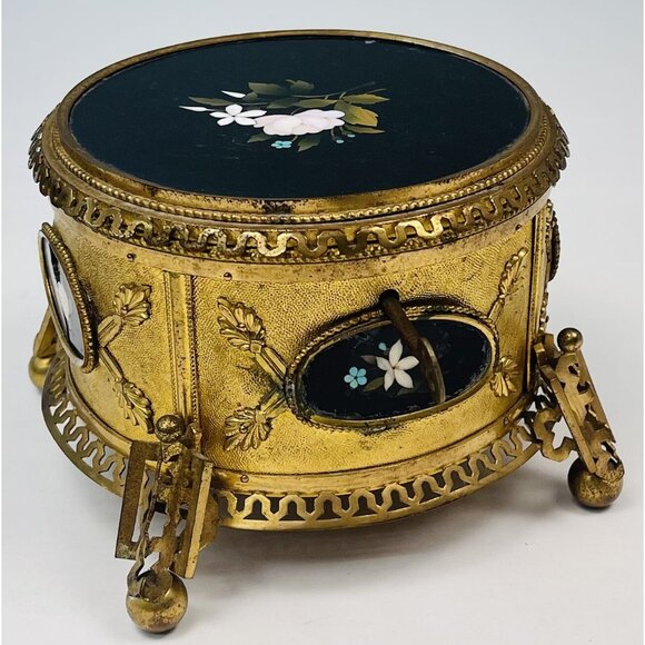 Antique 6.5" Pietra Dura Micromosaic Round Gilt-Bronze JEWELRY BOX w/ Velvet Key - Picture 2 of 12